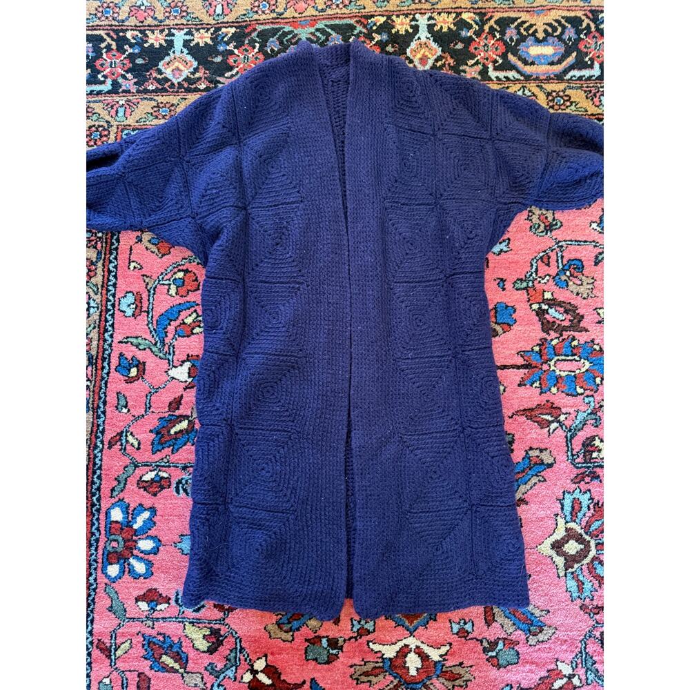 Vintage Crochet Sweater Granny Boho Duster Women's XS- M Navy Knit - Picture 2 of 7